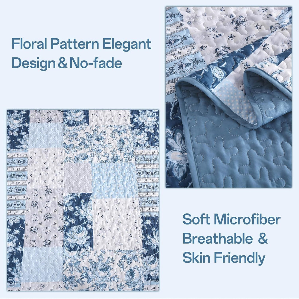 Blue Patchwork Quilt Set King Size Boho Floral Plaid Bedspread Coverlet Set, Far