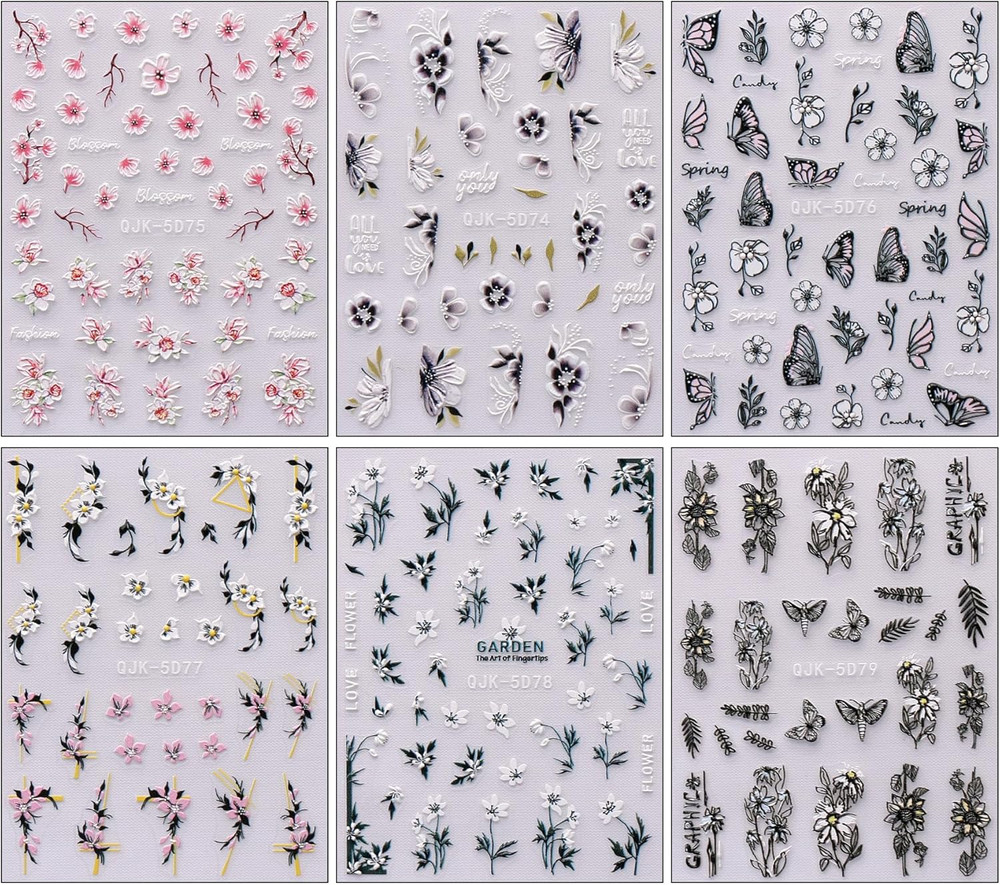 6 Sheets 3D Embossed Spring Flower Nail Art Stickers Decals Self-Adhesive