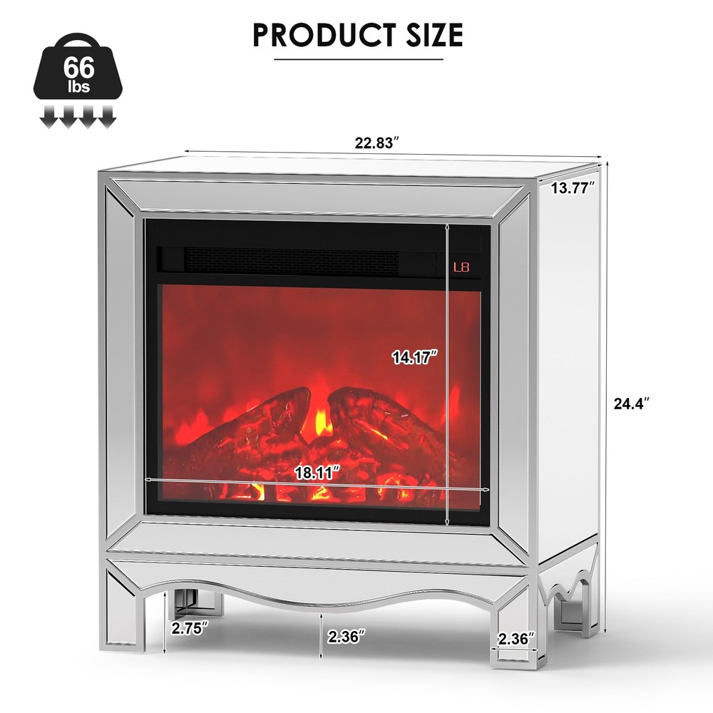 Mirrored Silver Electric Fireplace Heater Side End Table Nightstand with RC