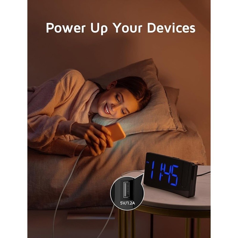 Projection Alarm Clock 180° Rotatable Projector USB Charging Snooze Function