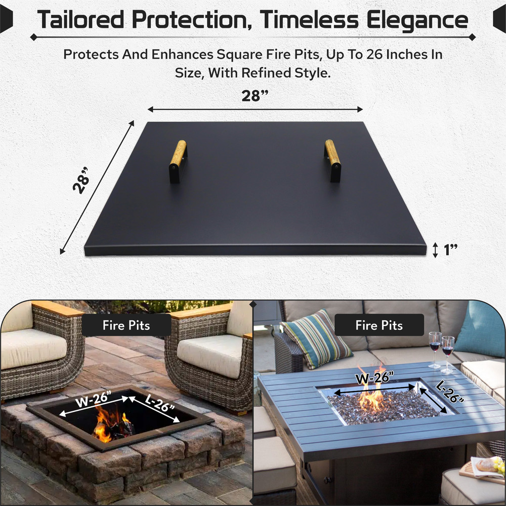 FEBTECH 28" Square Fire Pit Snuffer Lid for 26" FirePit with Wooden Handles