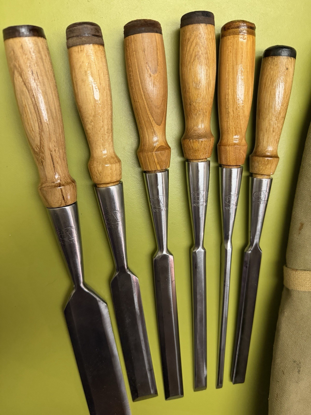 SUPERB 6-pc Set PEXTO vtg Socket Chisels w/MATCHING Handles & CANVAS TOOL ROLLUP