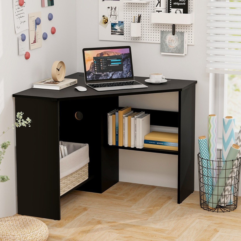 Triangle Writing Workstation Corner Computer Desk w/ Storage Shelf Black