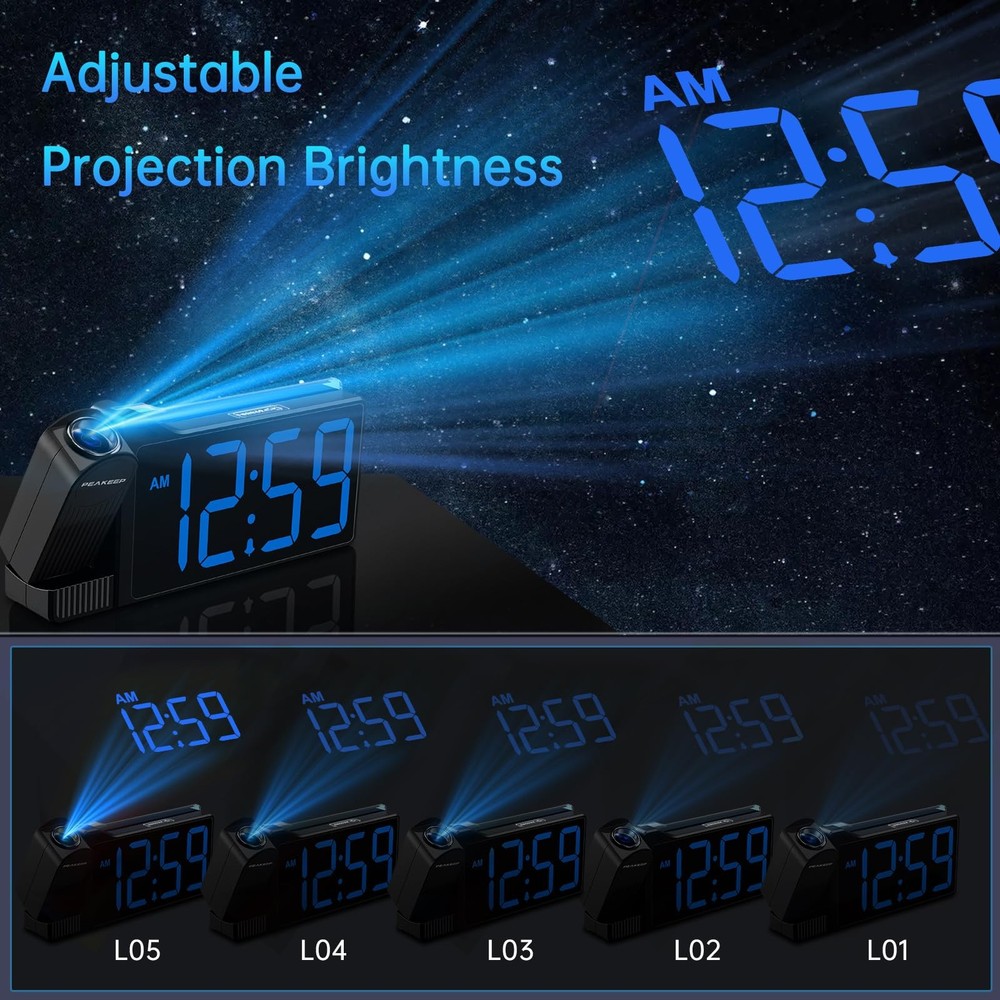 Peakeep Projection Alarm Clock for Large, Multi-color; Blue