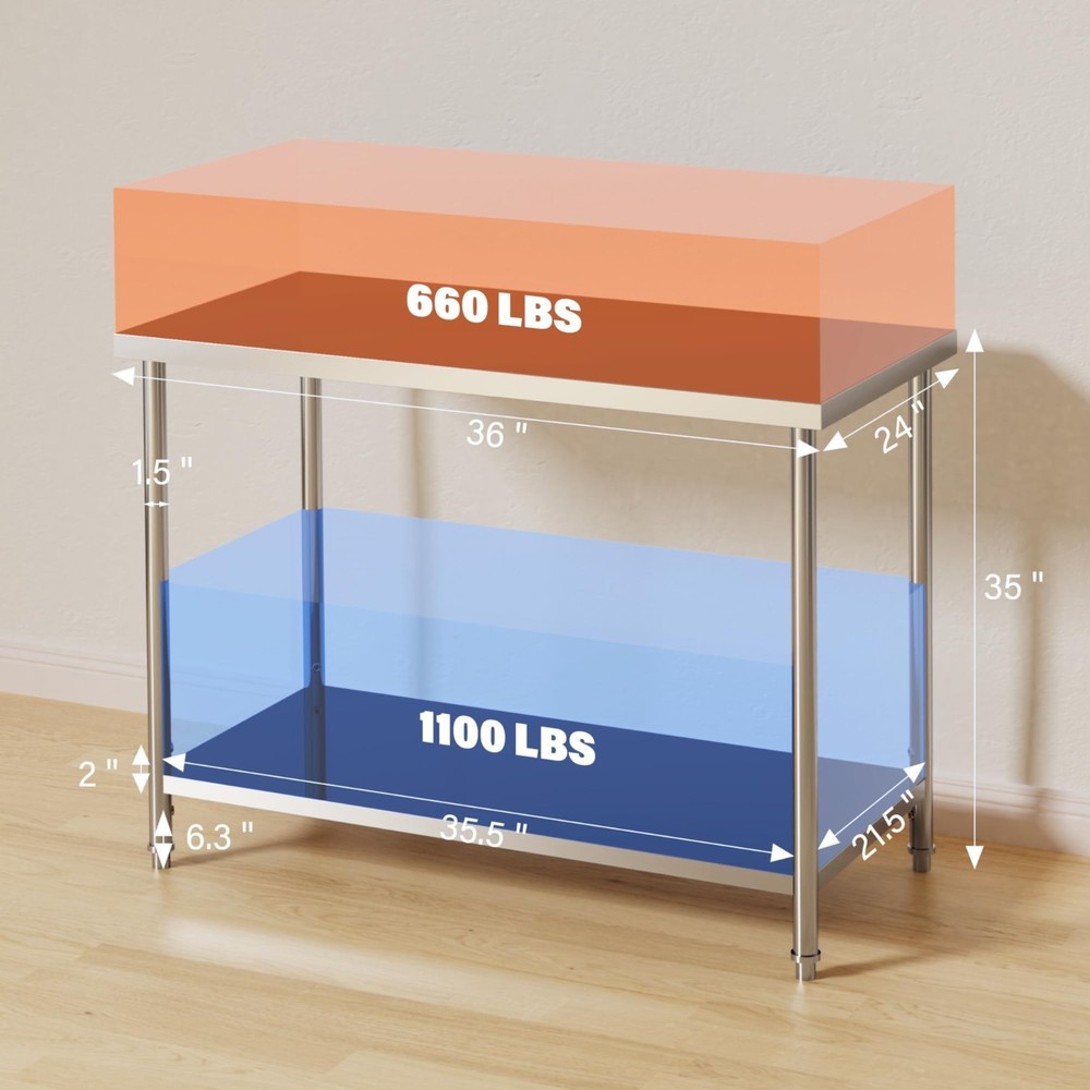 Stainless Steel Table for Prepwork 36x24″ Commercial Table Adjustable Undershelf