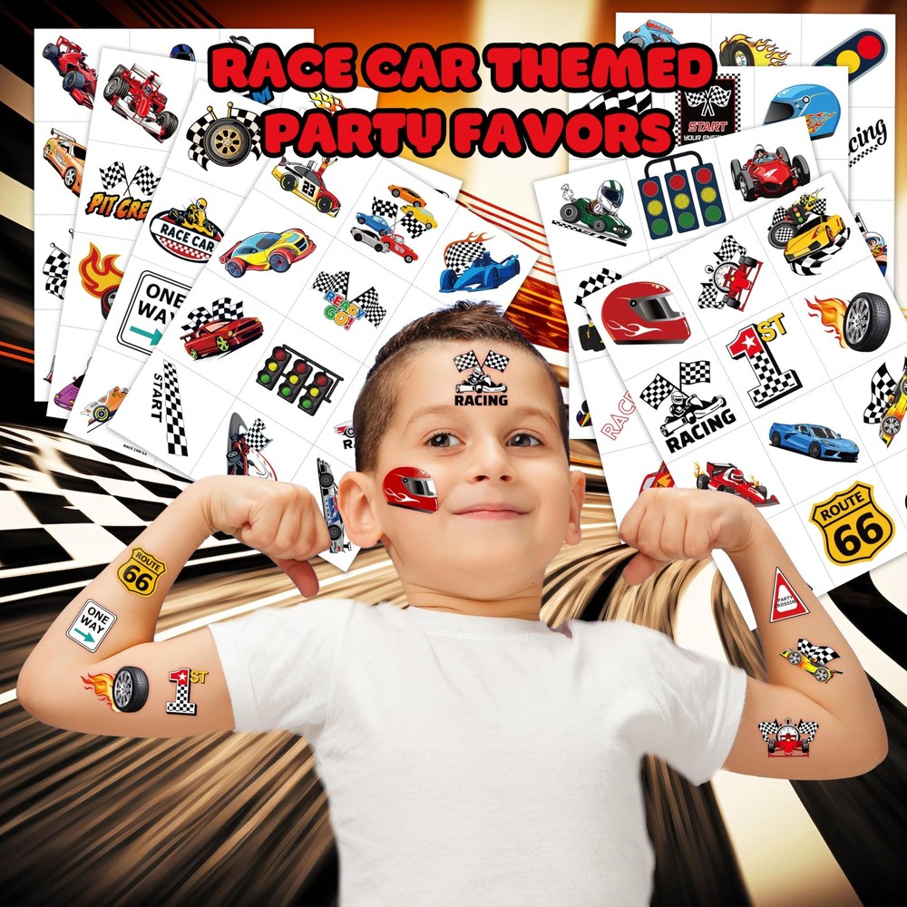 96 PCS Race Car Pre-Cut Temporary Tattoos Sticker Racing Pit Medium, Normal