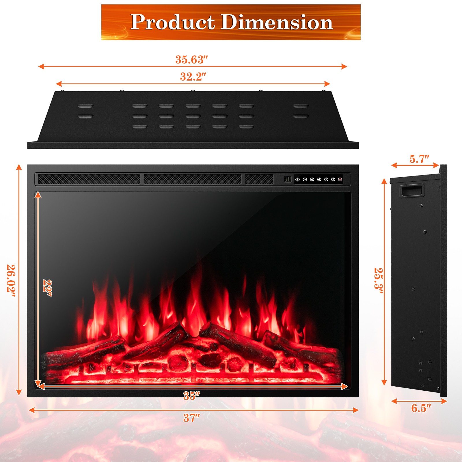 37" Electric Fireplace Insert Heater Log Flame Effect w/ Remote Control 1500W