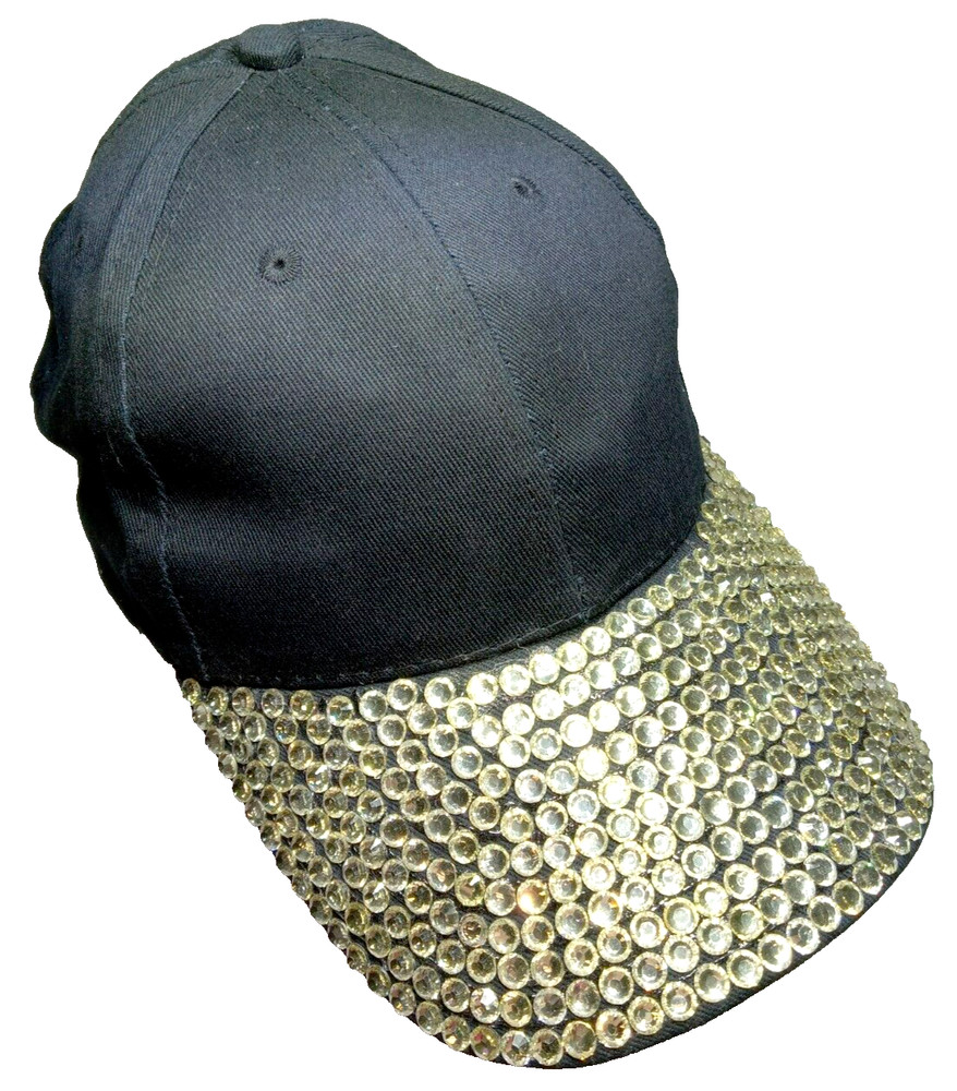 Rhinestone Womens One Size Adjustable Hook Loop Classy Black Cotton Hat Cap