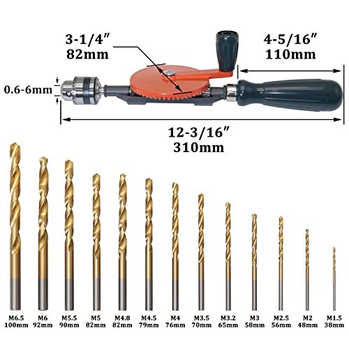 Powerful Speedy Hand Drill 1/4" Manual Drill with 13Pc Drill Bit Set Chuck & Key