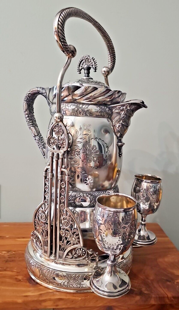 MERIDEN BRITANNIA SILVER-PLATED COLD WATER SERVING PITCHER WITH GOBLETS