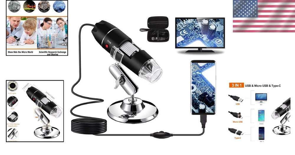 Portable 1000X USB Digital Microscope with Adjustable Lighting & Metal Stand