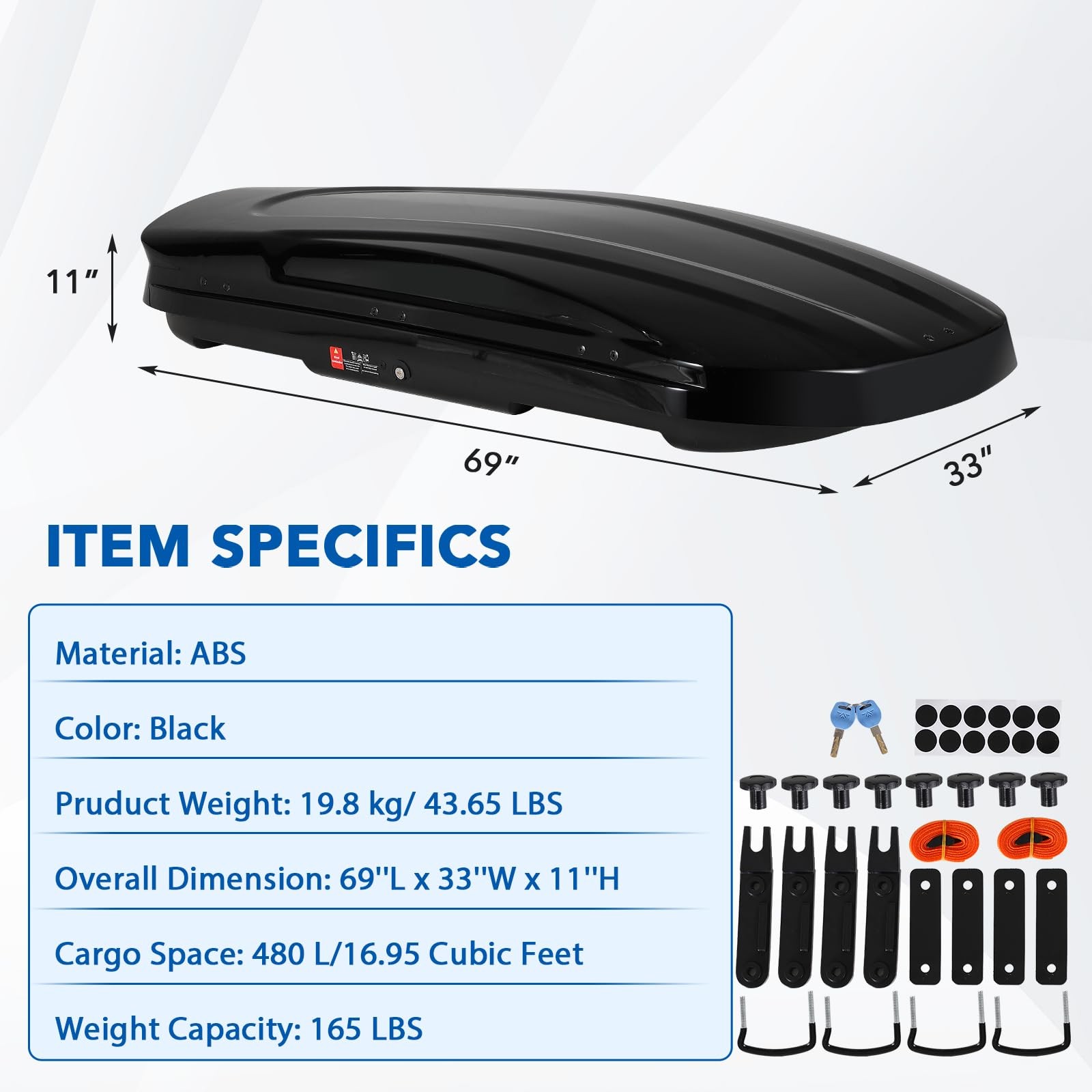 Heavy Duty Hard Shell Roof Top Cargo Carrier Waterproof Storage Box 17 Cu. Ft.