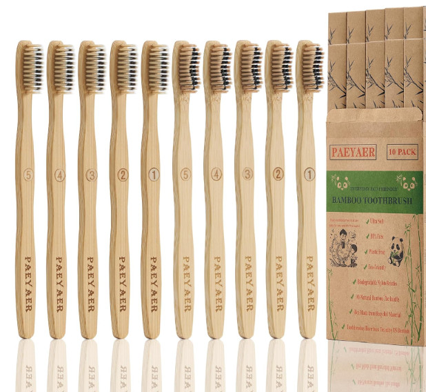 Bamboo Toothbrushes 10 Pack Biodegradable Soft Medium Charcoal Bristles