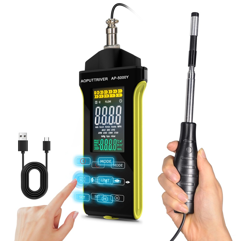 CFM/CMM/CMS Thermo-anemometer Wind Speed Air Volume Meter & Temperature Testing