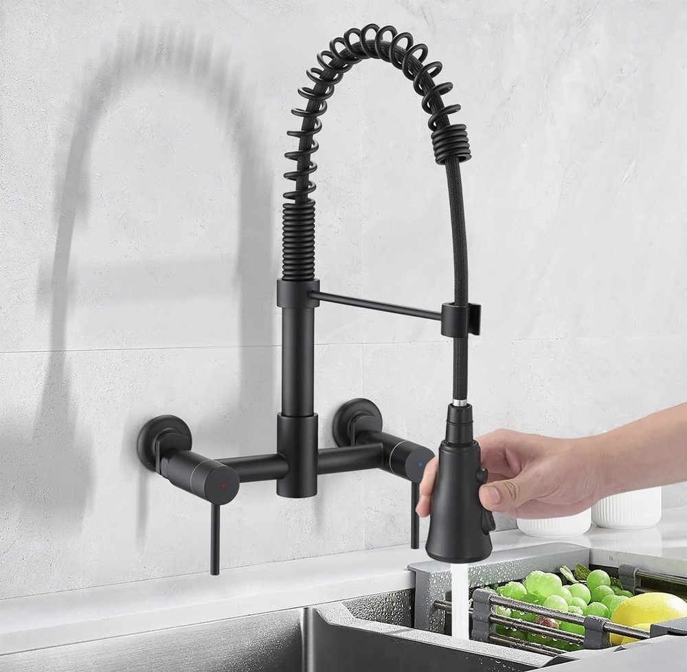 Wall Mount Kitchen Faucet Matte Black Commercial Pull Down Sprayer 8” NEW