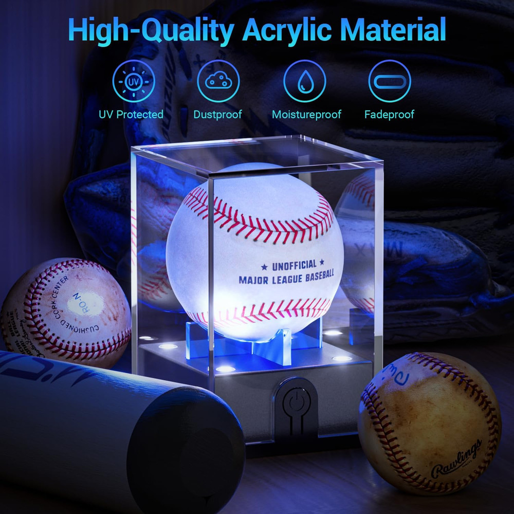 Baseball Display Case with Led Light, Light up Baseball Case for Display, Acryli