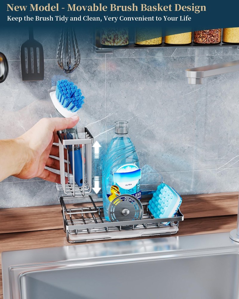 Consumest Sink Caddy, Kitchen Sponge Holder with Dish Brush Medium, A-silver
