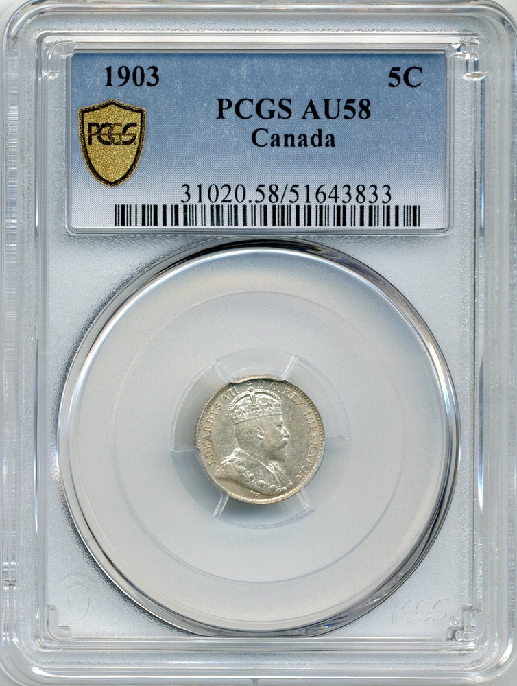 1903 (plain no H) Canada 5 Cent - PCGS AU 58