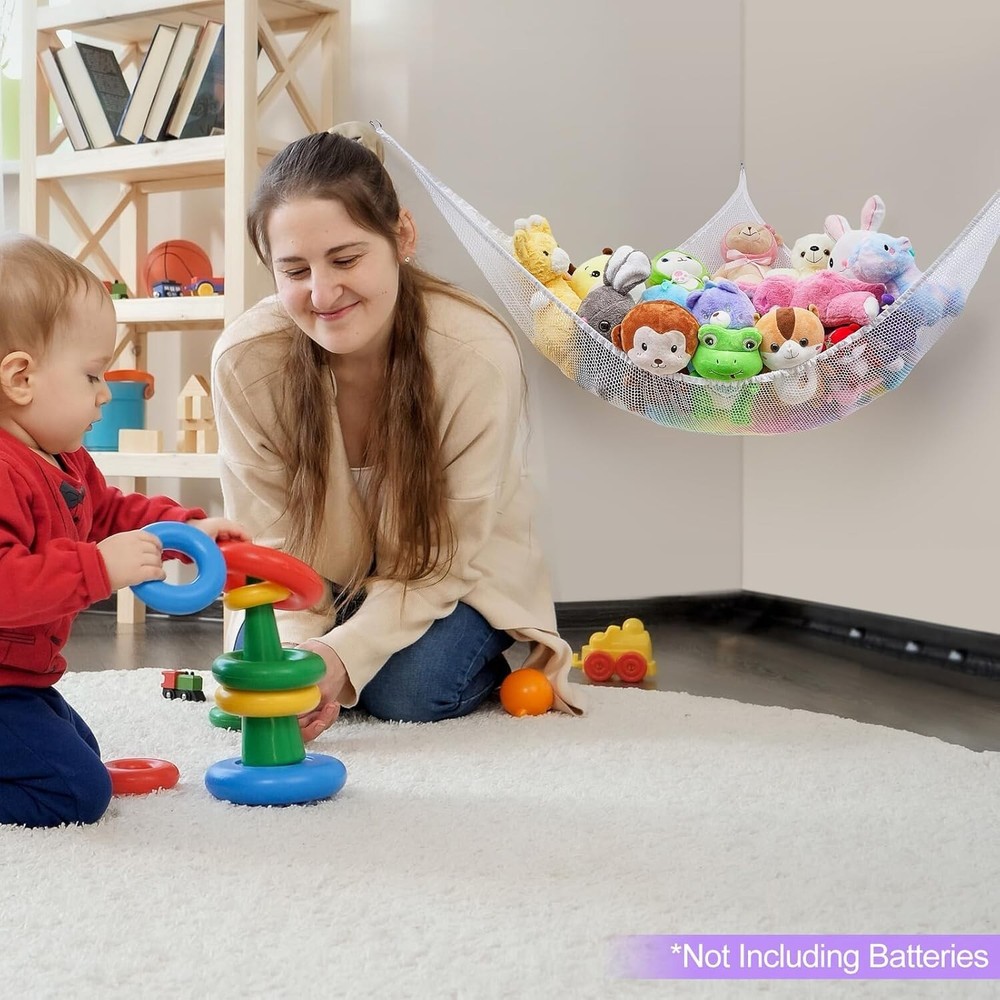 Triangular LED Toy Storage Hammock for Stuffed Animals - Space-Saving Corner Net