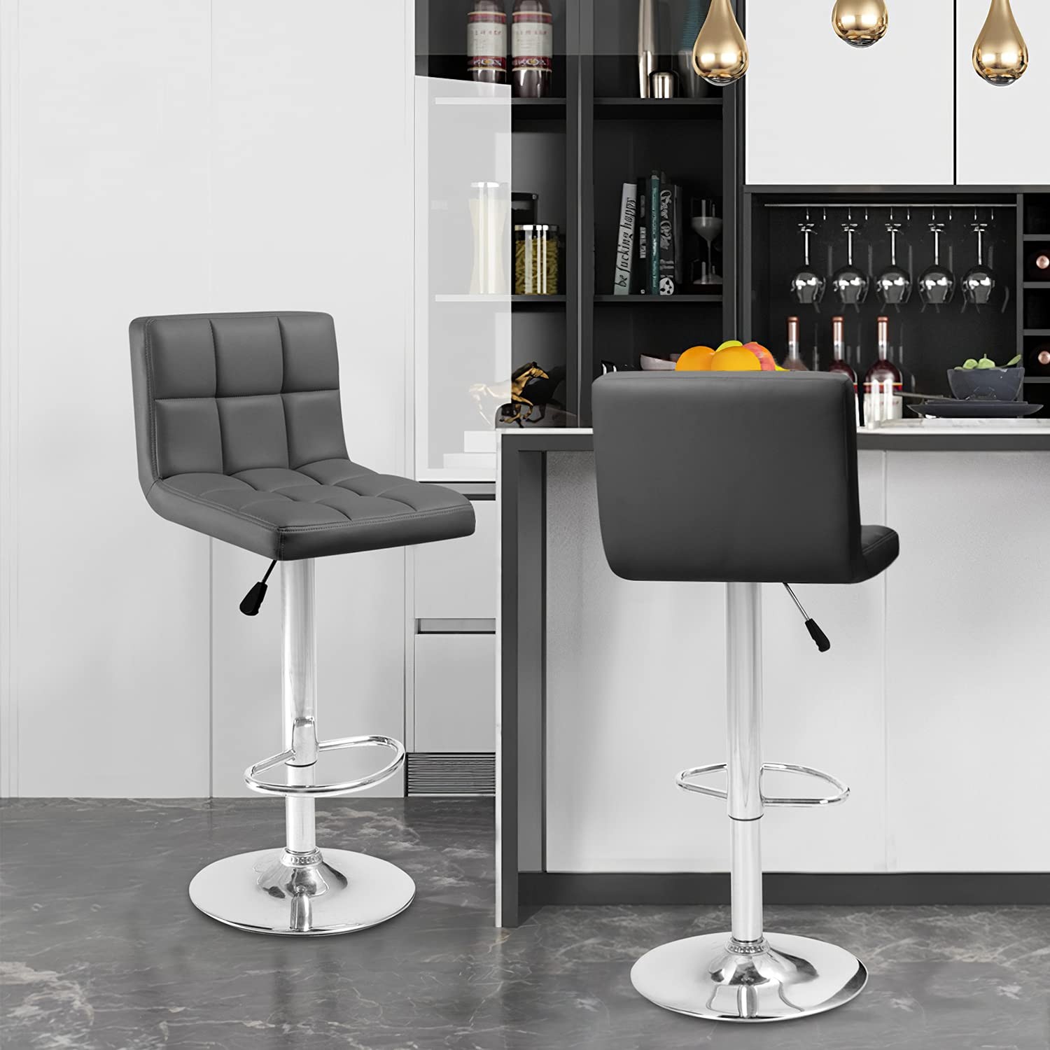 Modern PU Leather Adjustable Swivel Bar Stools with Back Footrest Set of 2 Grey