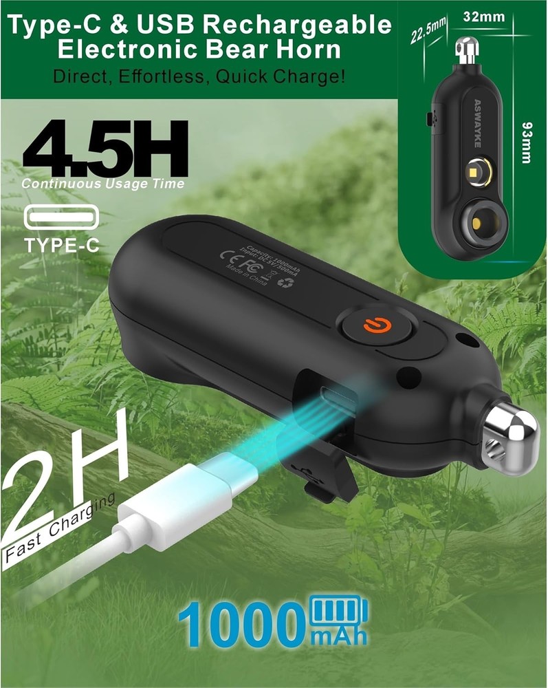 125dB Rechargeable Bear Horn, Waterproof & LED Flashlight Bear Deterrent Devi...