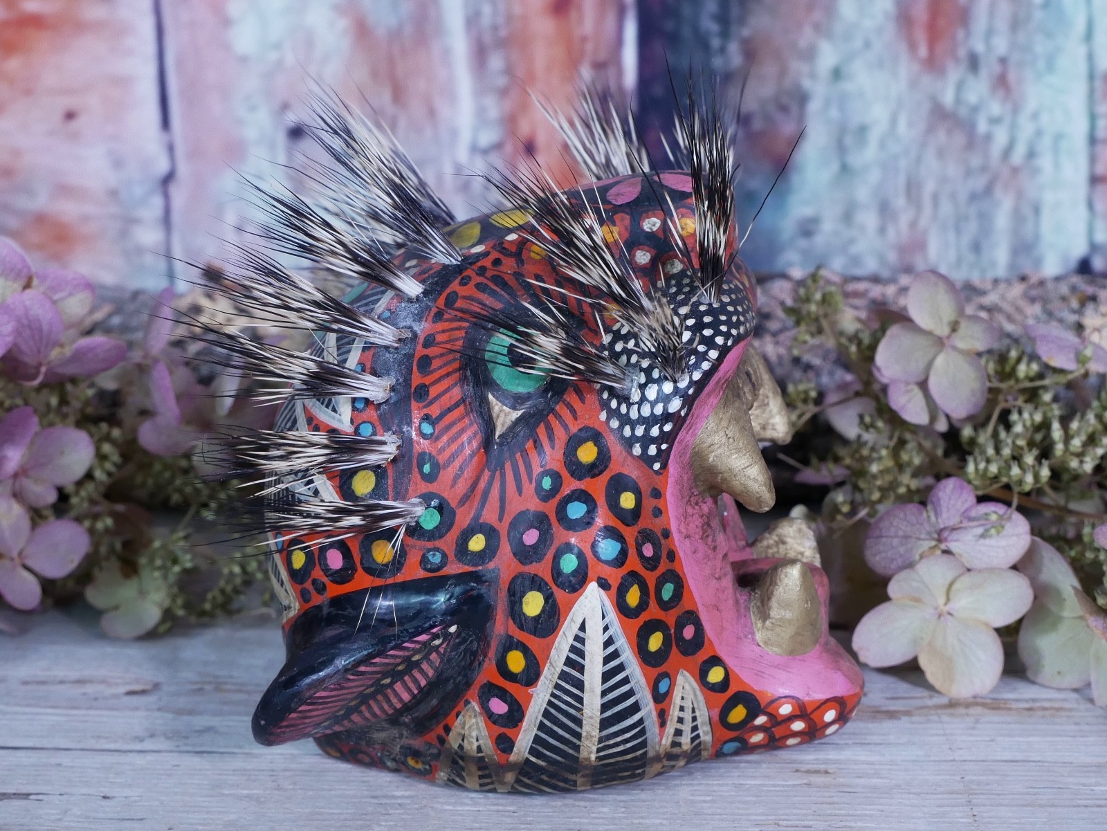 Leopard Jaguar Mask Wood & Boar Hair Whiskers Handmade Nahua Mexican Folk Art Sm