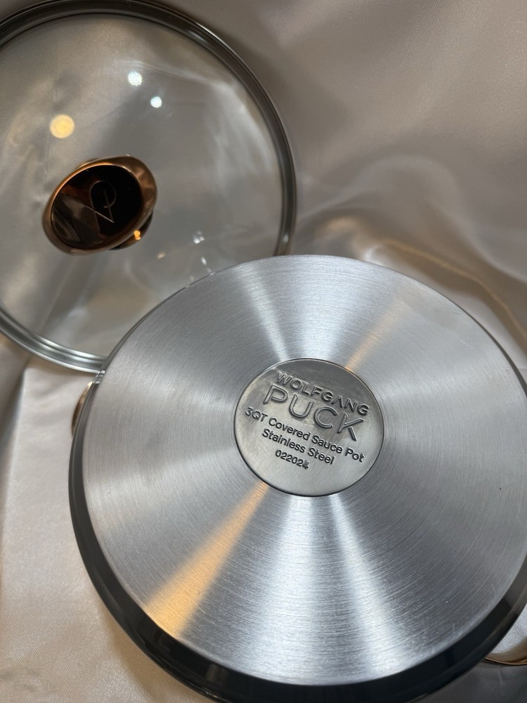 Wolfgang Puck 6 PC Stainless Cookware Set Copper Handles, Knobs Glass Lids