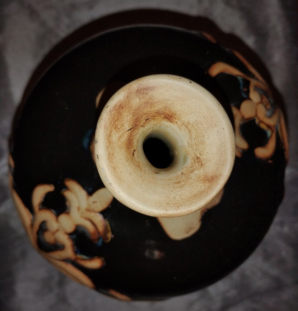 Decorative Glazed Narrow Neck Vase With Raised Scrollwork