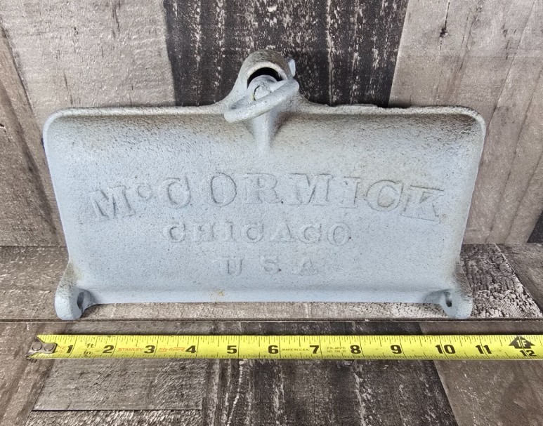 ANTIQUE McCormick Tool Box Lid Cast Iron Tractor Horse Mower Implement M539