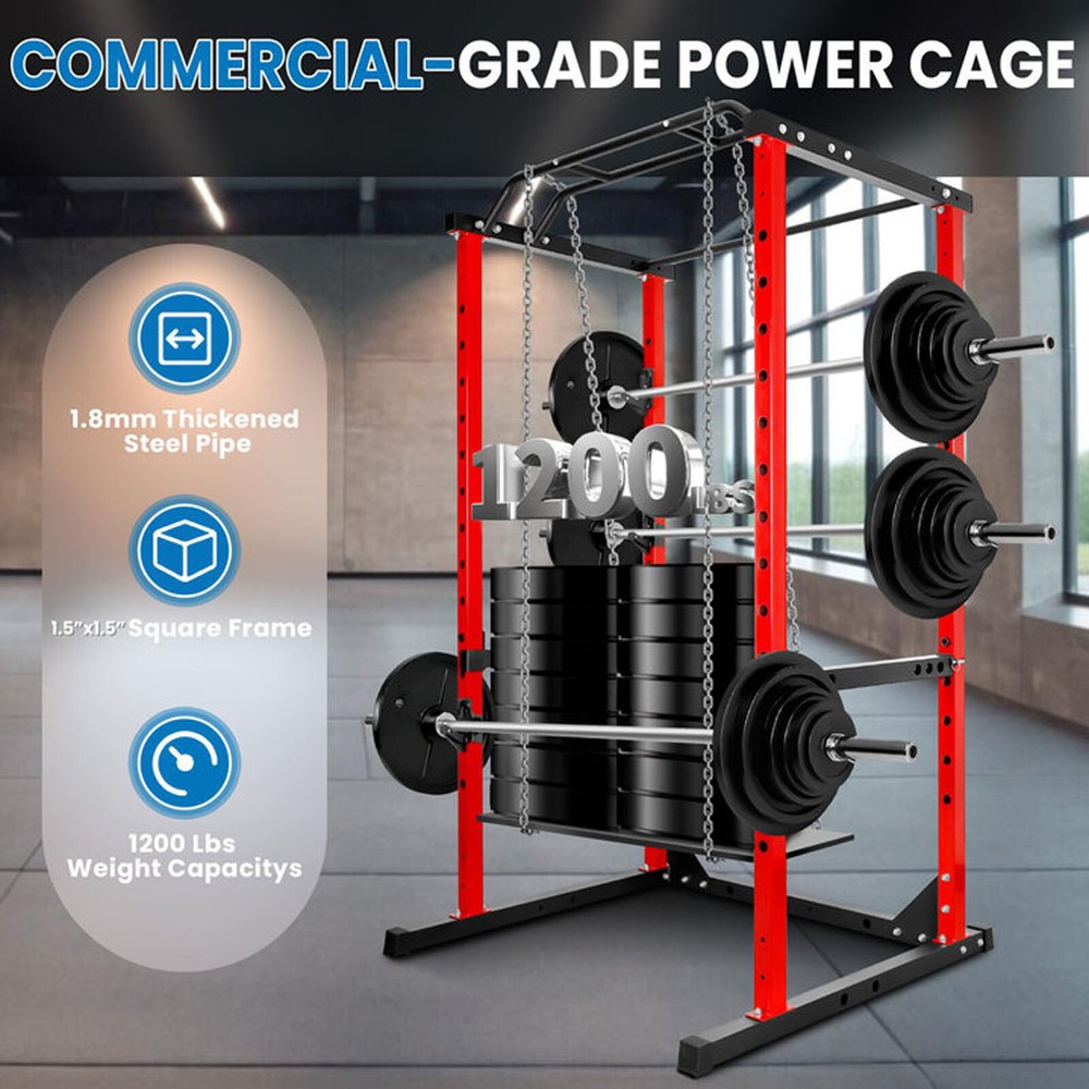 Power Cage, 1200lb Multi-Function Squat Rack Stand with Barbells 1.5x1.5" Frame