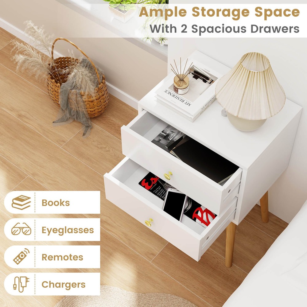 Costway 2PC Modern 2 Drawers Nightstand Sofa Side Table End Table Elegant White