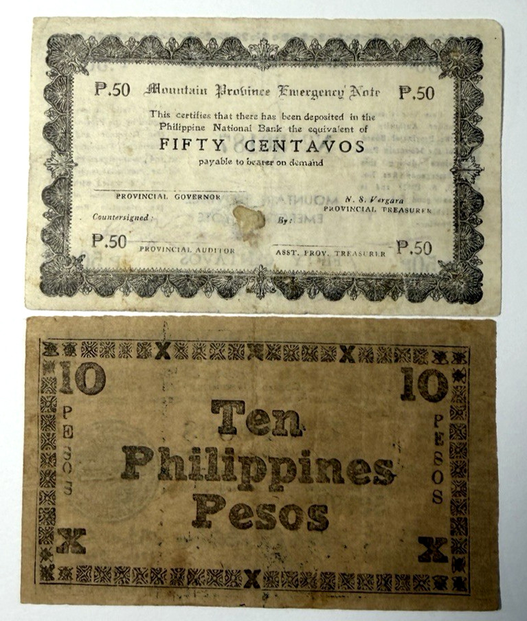 Philippines 1940s Emergency Circulating Banknote Set 2 Notes