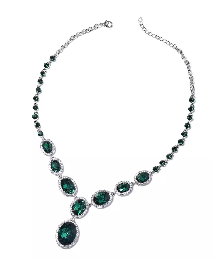 Simulated Emerald & Crystal Statement Necklace & Drop Earrings set BN