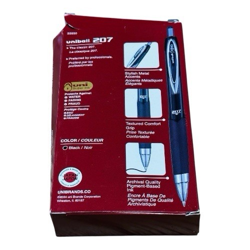 12 Pens Uniball Signo 207 Gel Roller Ball Retractable Black Ink Gel Pen 0.7mm