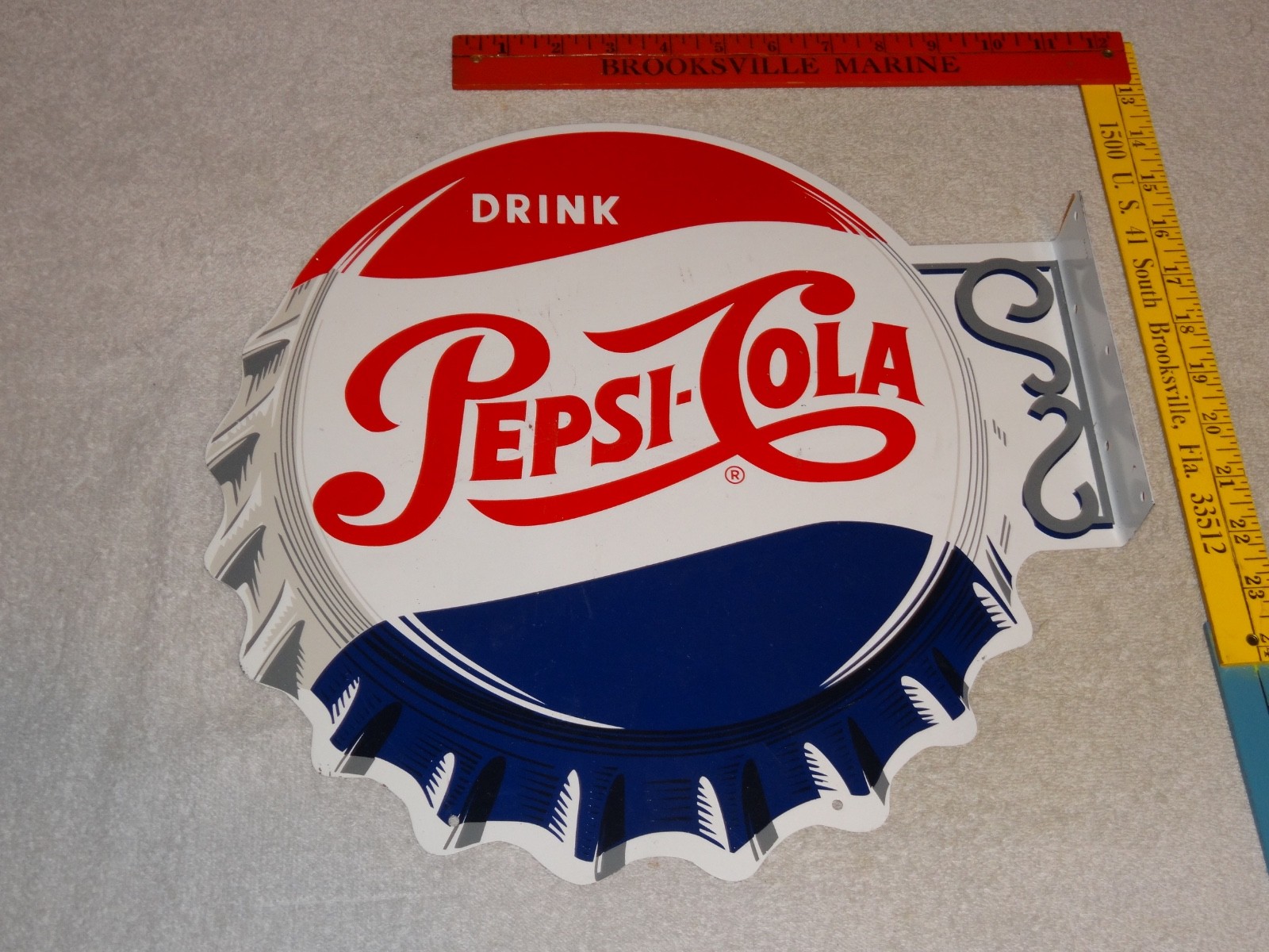 VINTAGE DRINK PEPSI COLA DIECUT 14" METAL SODA POP GASOLINE OIL FLANGE SIGN M173