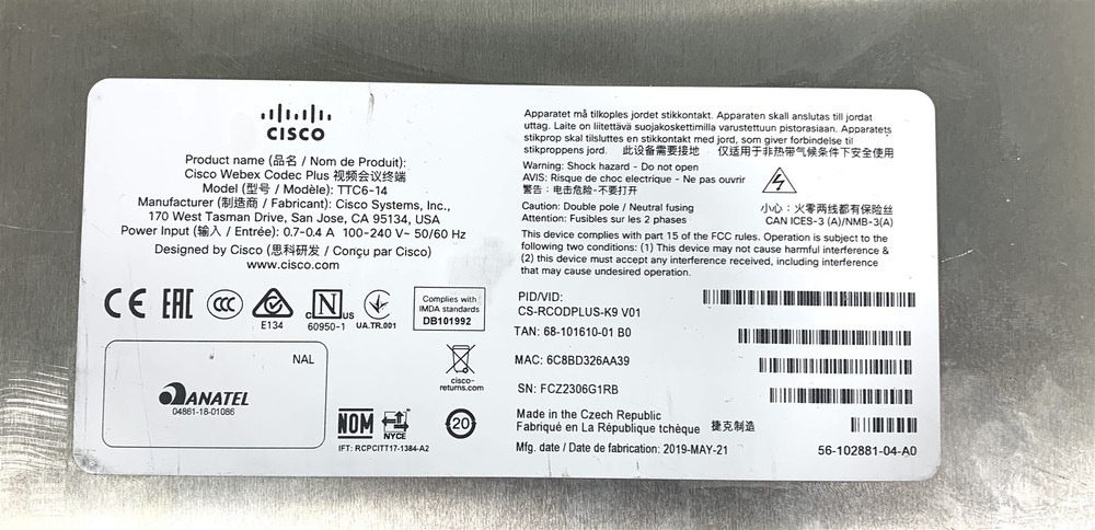 Cisco Webex Codec Plus Conference Device TTC6-14 CS-RCODPLUS-K9 V01