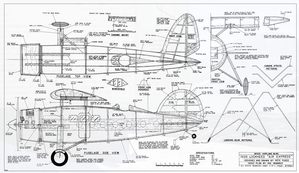 Lockheed Vega Air Express 61 INCH Wing span RC AIrplane Printed Plans