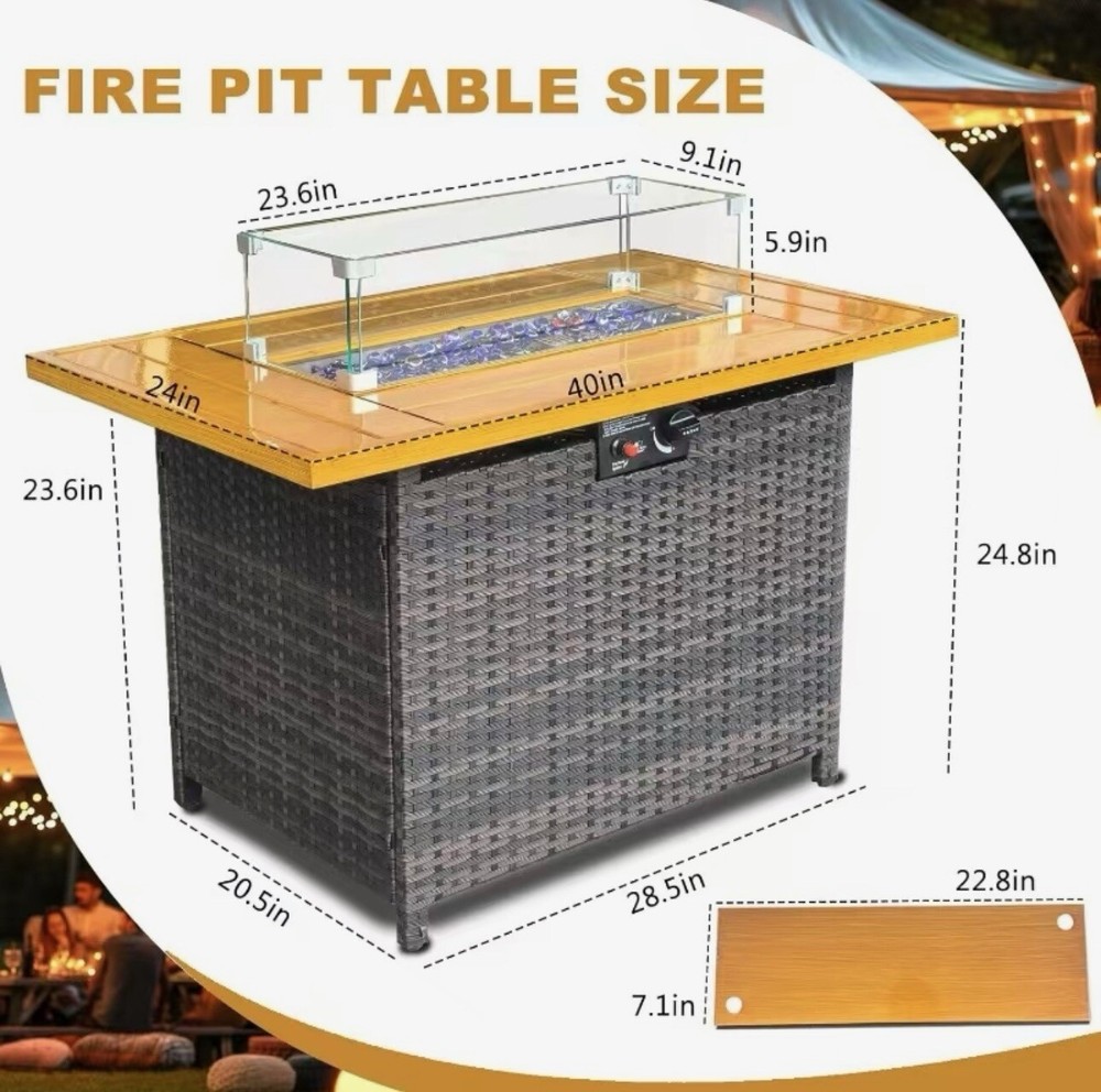 40x 24” Rectangular Outdoor Patio Gas Fire Pit Table, 50000BTU Fire Pit Table