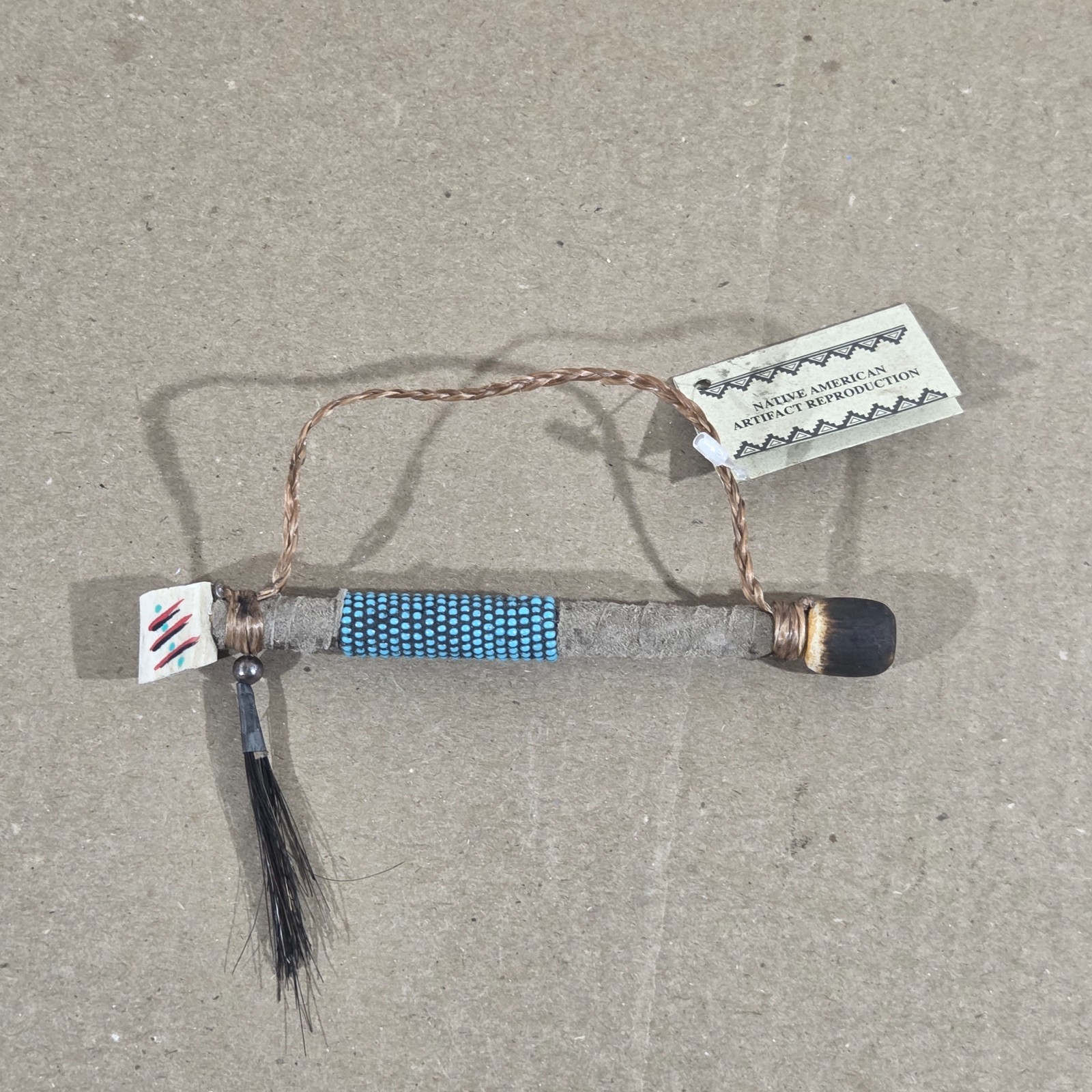 Authentic Navajo Peace Pipe 6" Handcrafted Faux Turquois Beads leather wood stag