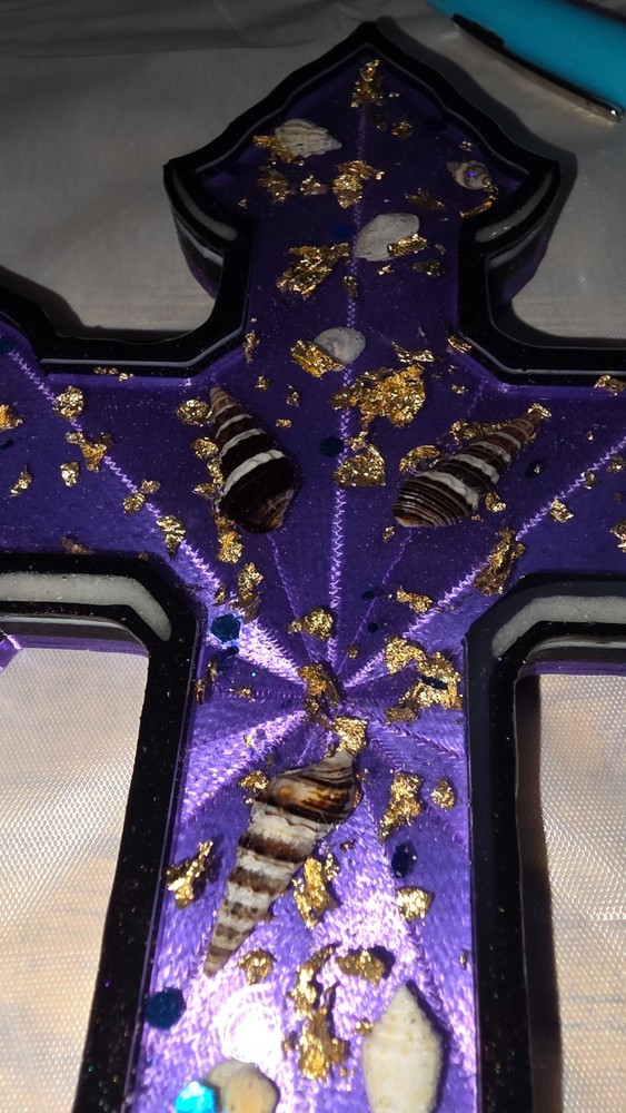 Handmade Cross Wall Decor 9x6+ GITD Goldflake & Seashells Authentic Gift W/Drape