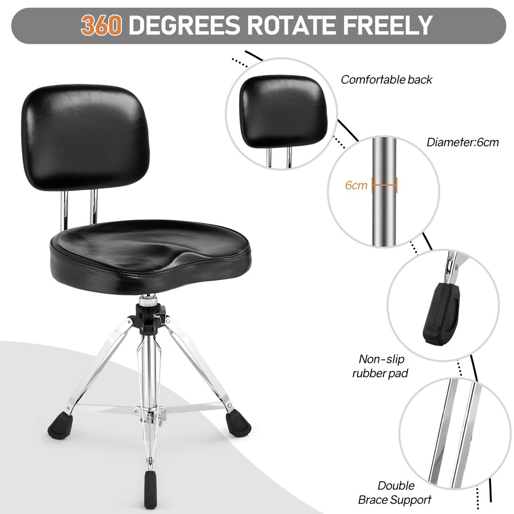 Drum Throne Stool with Backrest, Adjust Height with 5A Drumsticks for Adults