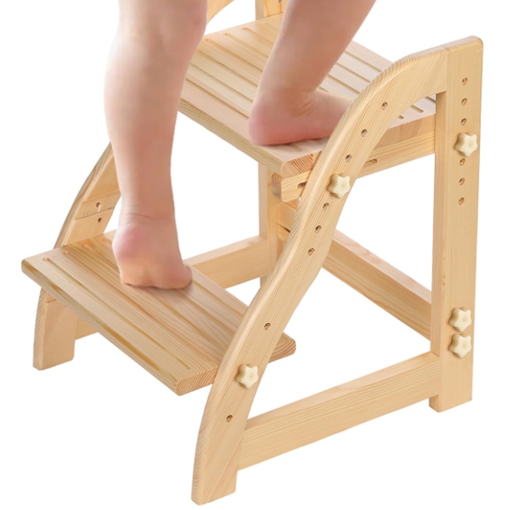 AIMOADO Adjustable 2-Step Wooden Stool for Kids - Kitchen & Bathroom Non-Slip