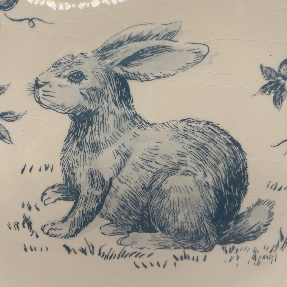 Maxcera Blue White Toile Bunny Rabbit Round Serving Platter Easter Large 13"