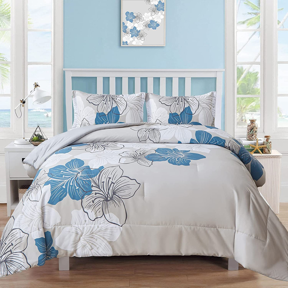 Floral Comforter Set King Blue Flower Pattern Printed on Grey, Soft Microfiber B
