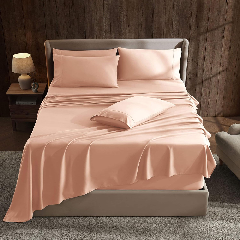 6Pc King Size Bed Linen Set - Extra Deep Pocket, Microfiber, Peach - Includes 4
