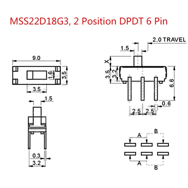 2 Position ON-OFF DPDT 2P2T 6 Pin PCB Panel Vertical Slide Switch Microswitch