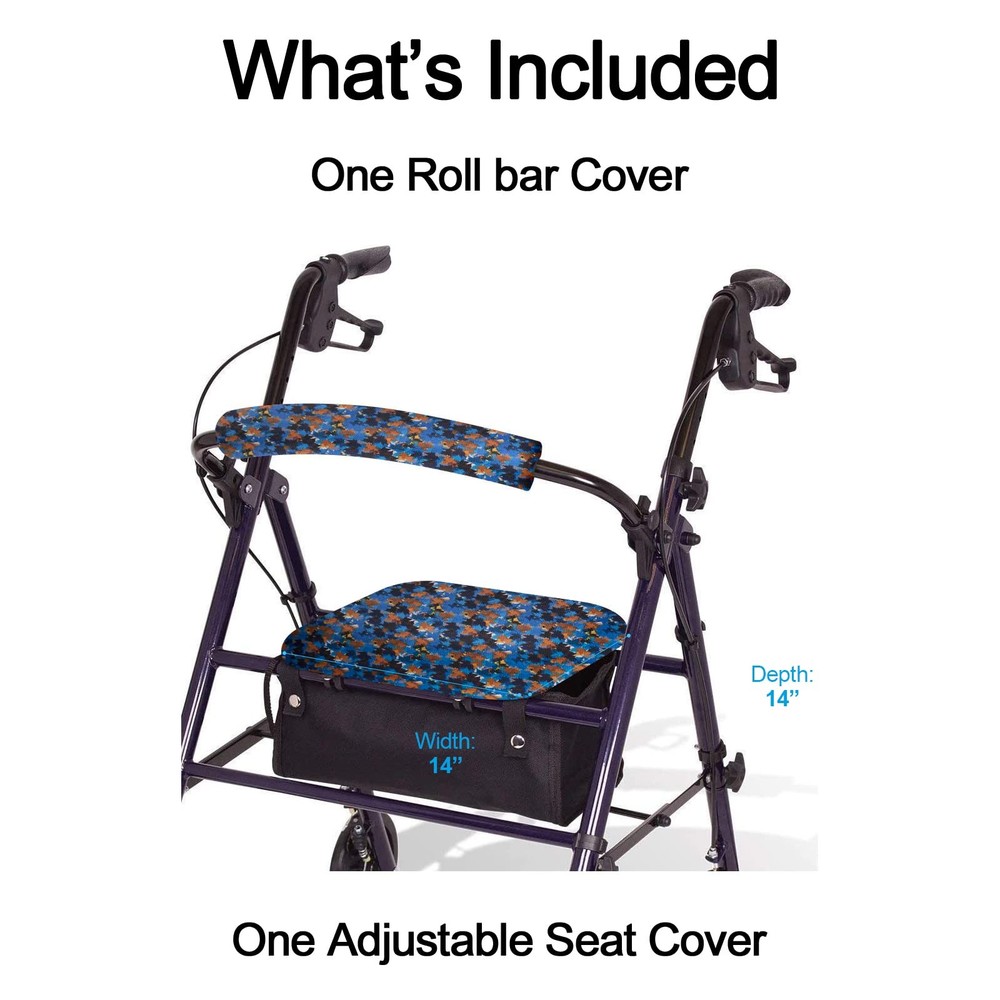 Rollator Walker Seat and Backrest Covers Set - Adjustable Patterns Blue Leaf