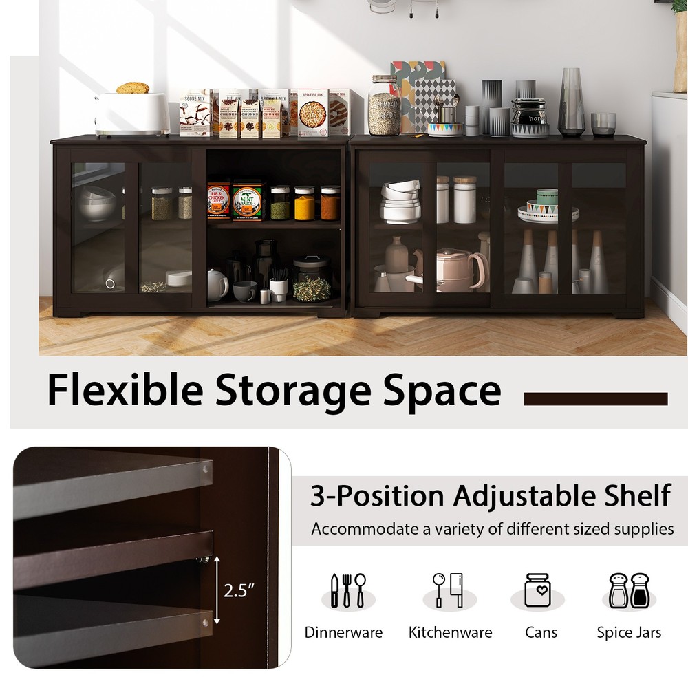 2PCS 2-Door Stackable Buffet Sideboard w/Sliding Tempered Glass Doors Brown