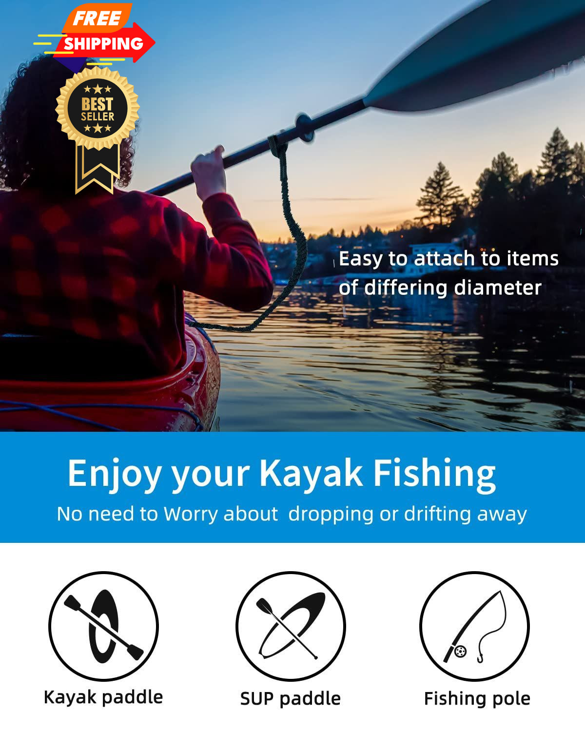 OCEANBROAD Kayak Paddle Leash with D-Ring Stretchable 4-7ft (2 pcs), Black