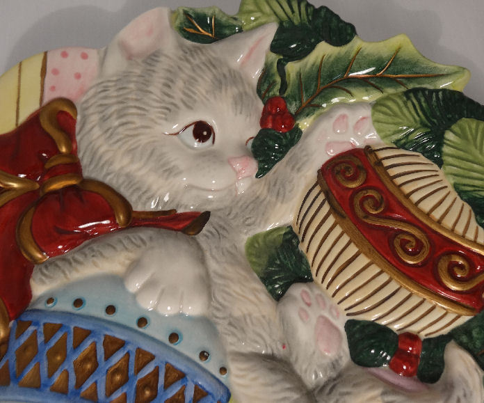 Fitz & Floyd Gray Tabby Kitten Plays in Christmas Tree Wall Plaque & Candy Box